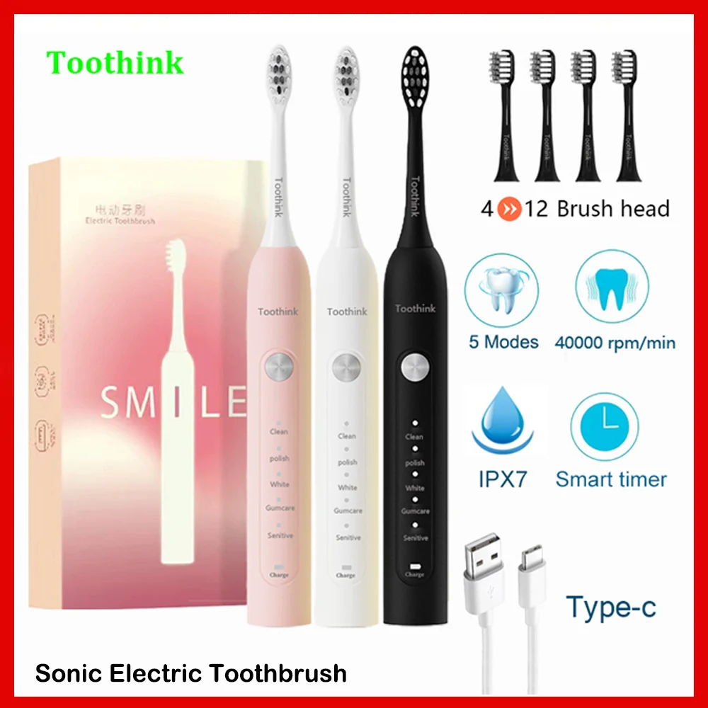 Toothink Sonic Electric Toothbrush USB Rechargeable Smart Timing Tooth Brush Teeth Clean Whitening Toothbrush Replacement Head