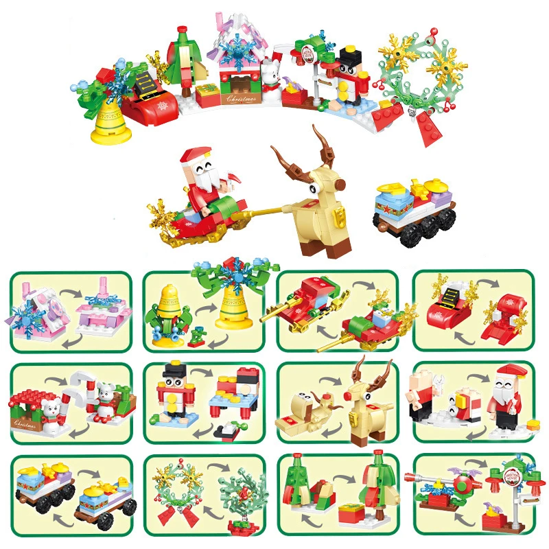 Mini Christmas Tree Santa Claus Building Block Little Train Elk Snowman Assembly Bricks Model Kids Toys Girl Christmas Eve Gifts