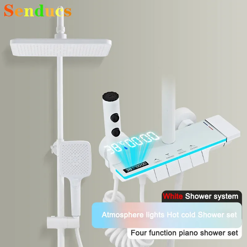 White Digital Piano Bathroom Shower Set Rainfall Shower Head Hot Cold Bathroom Faucet Accessories Piano Digital Shower System