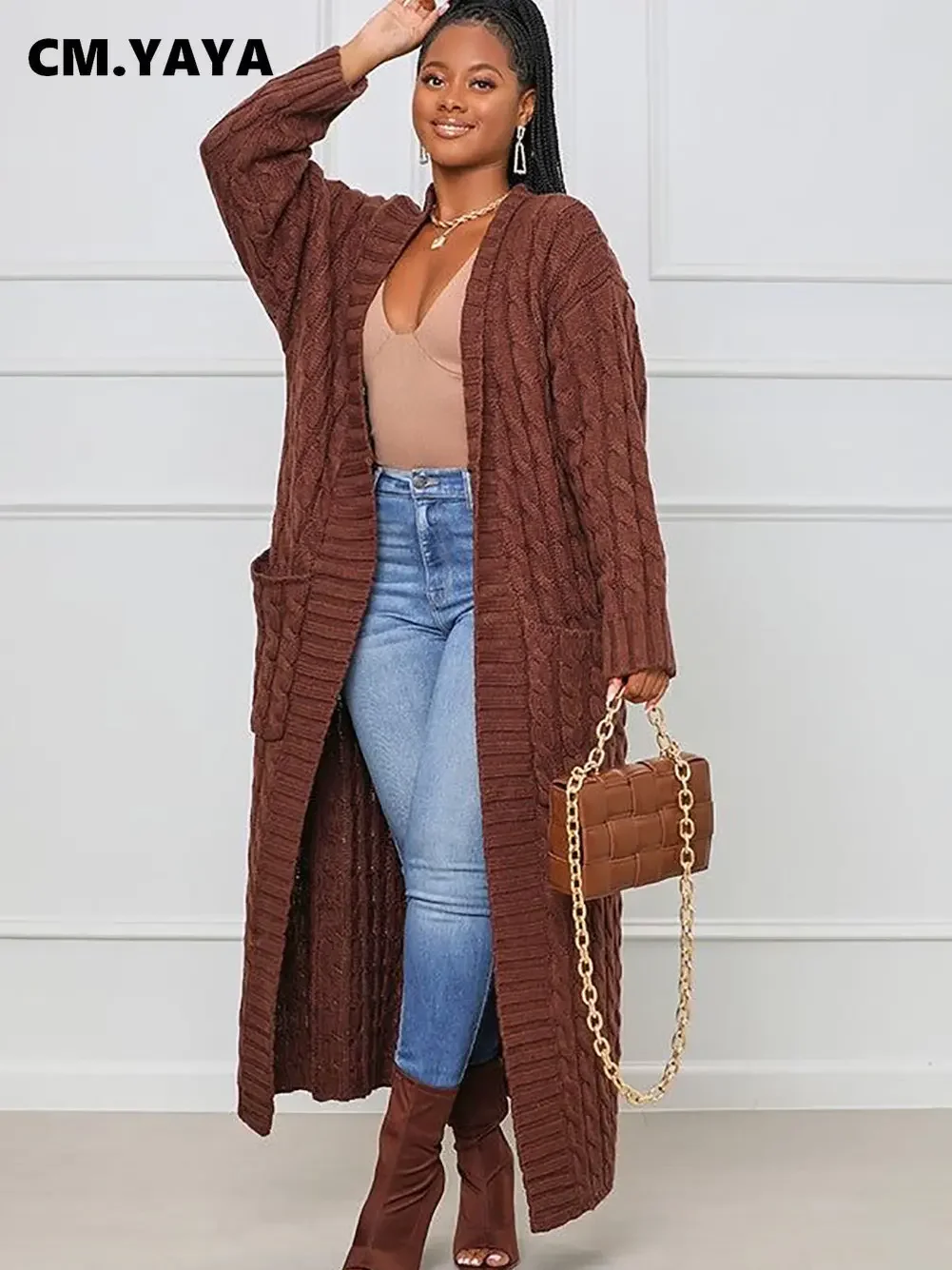 CM.YAYA Women Knit Ribbed Hemp Flower Long Sleeve with Pocket Open