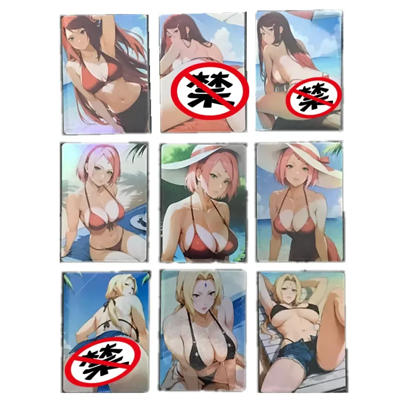 9Pcs/set Anime Naruto Haruno Sakura Tsunade Homemade Sexy Nude Card Swimsuit Beach Series Toy Gift Game ACG Collection Card