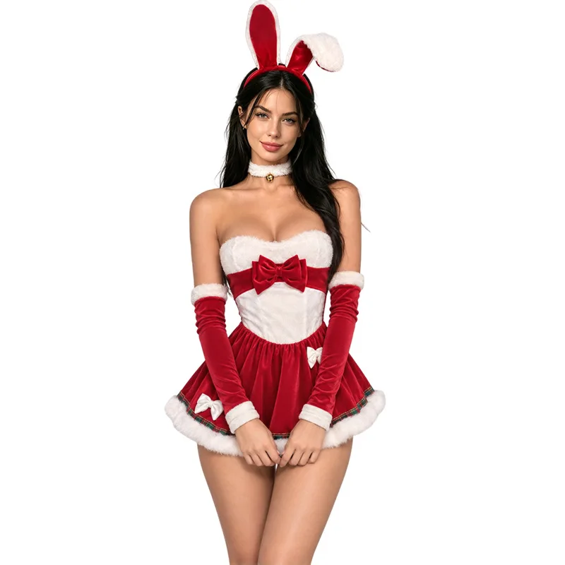 New Arrival Women's Sexy Off-shoulder Lingerie Dress Lady Christmas Party Cosplay Bunny Girl Costumes Stylish Red Velvet Outfits