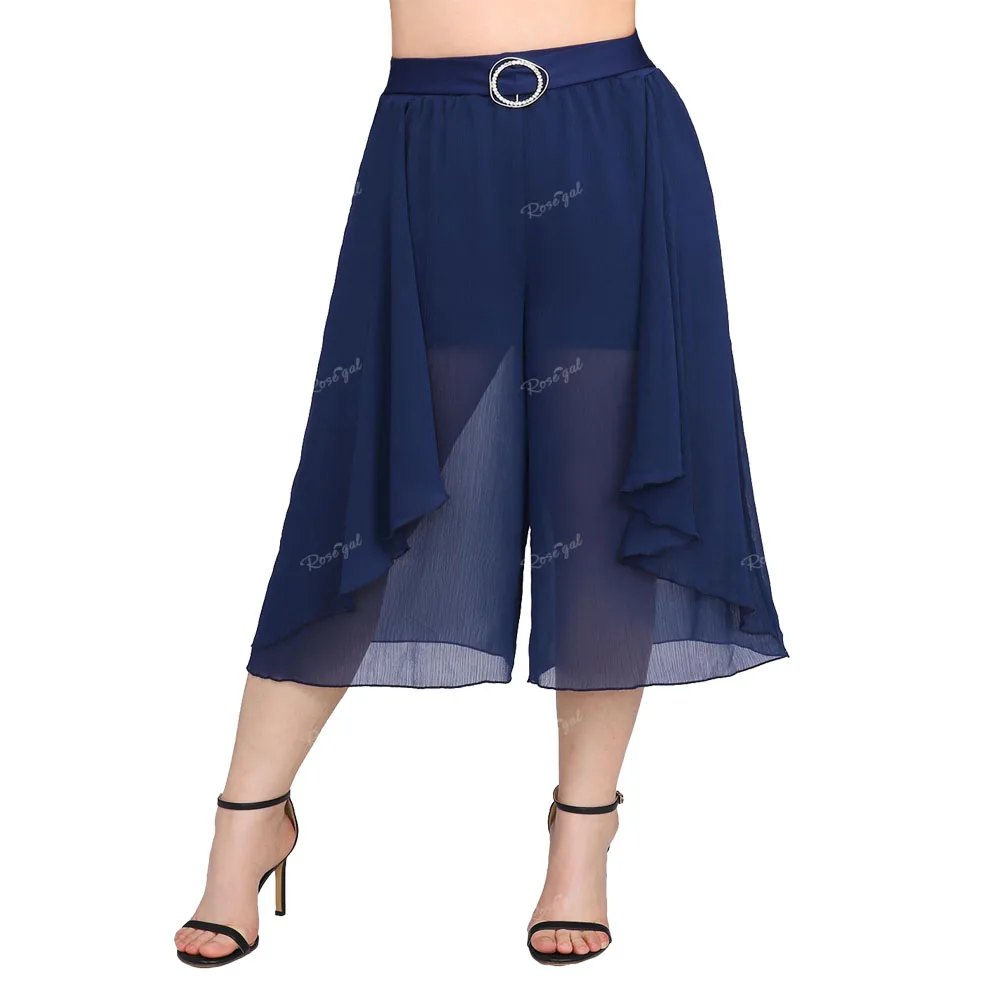 ROSEGAL Plus Size Deep Blue Chiffon Wide Leg Pants Women Loose Casual Textured Layered Ruffles Pockets Culottes Pants Mujer