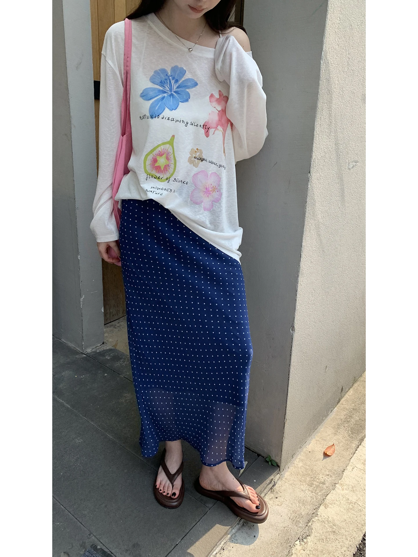 Blue Polka Dot Halter Neck  Dress Women's Fashion Spring Autumn Season Low Waist Straight Cut Skirt Korean Style