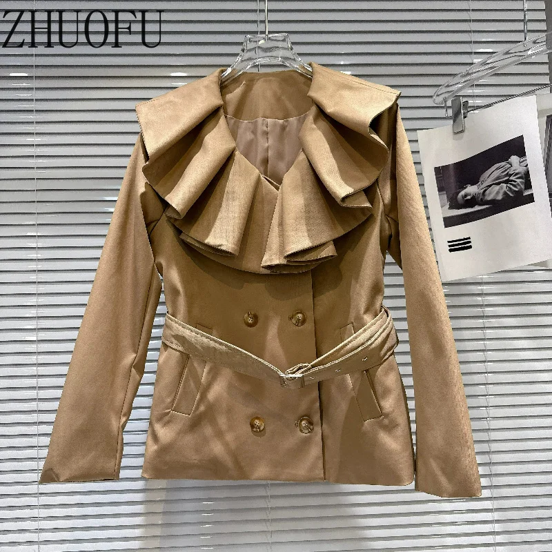 Women's Short Skirt Sets Retro Design 2026 New Khaki Lotus Leaf Collar with Belt Short Jacket A-line Skirt Two-piece Set Ladies