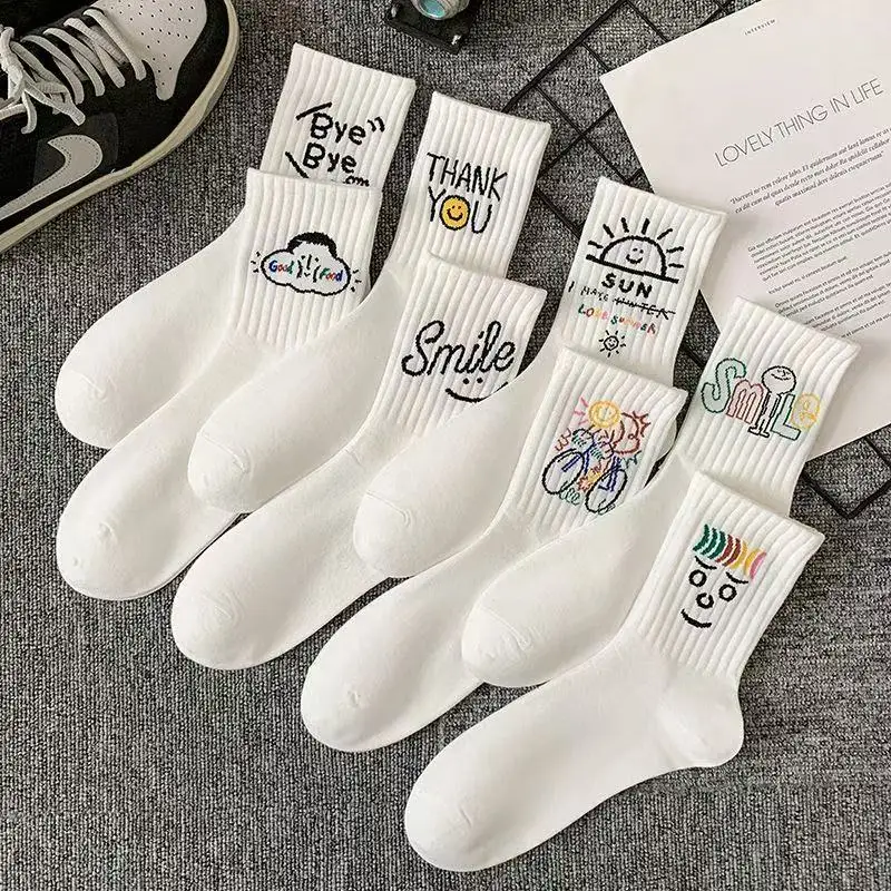 5 Pairs of Random Women's White Vertical Striped Socks With Cartoon Graffiti Letters Smiling Face Print Fashionable Casual Socks