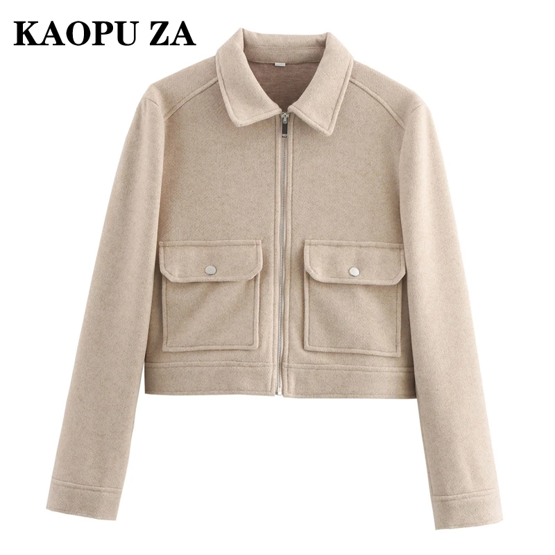 KAOPU ZA 2024 New Autumn Ladies Fashion Wool Blend Coat Women's Elegant Long Sleeve Outerwear Casual Short Jacket Top