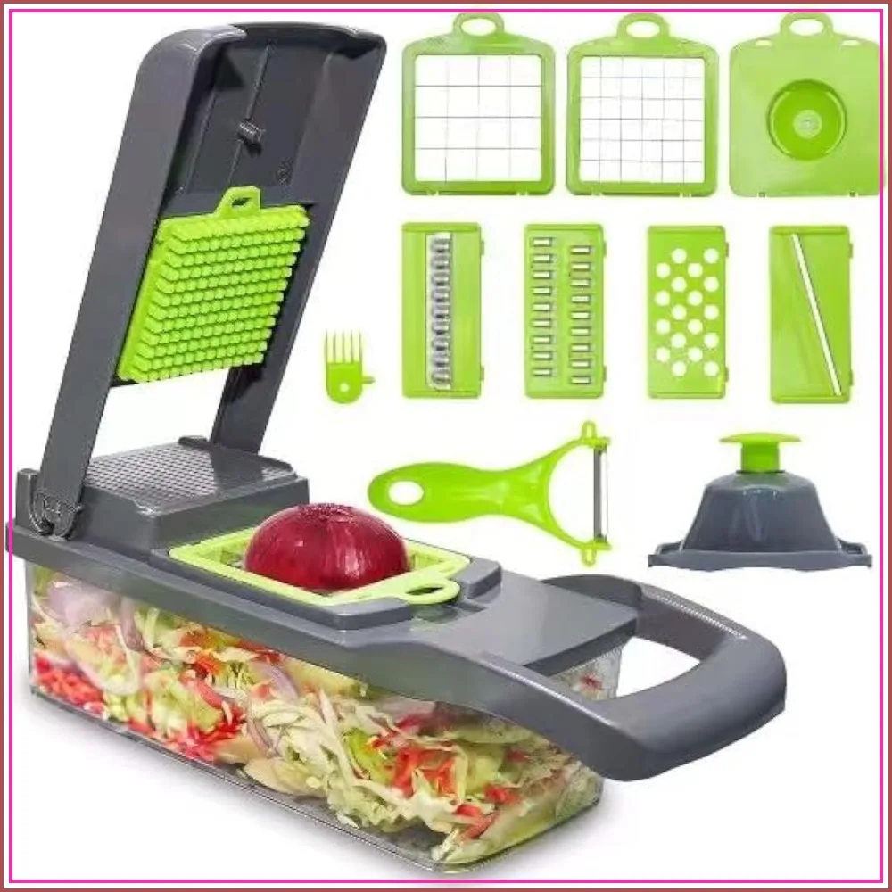 

16 in 1 Vegetable Chopper, Onion Slicer Cutter Dicer, Veggie Cutter with Container, 7 Blades, Kitchen Gadgets for Carrot Salad Garlic Potato (Grey)