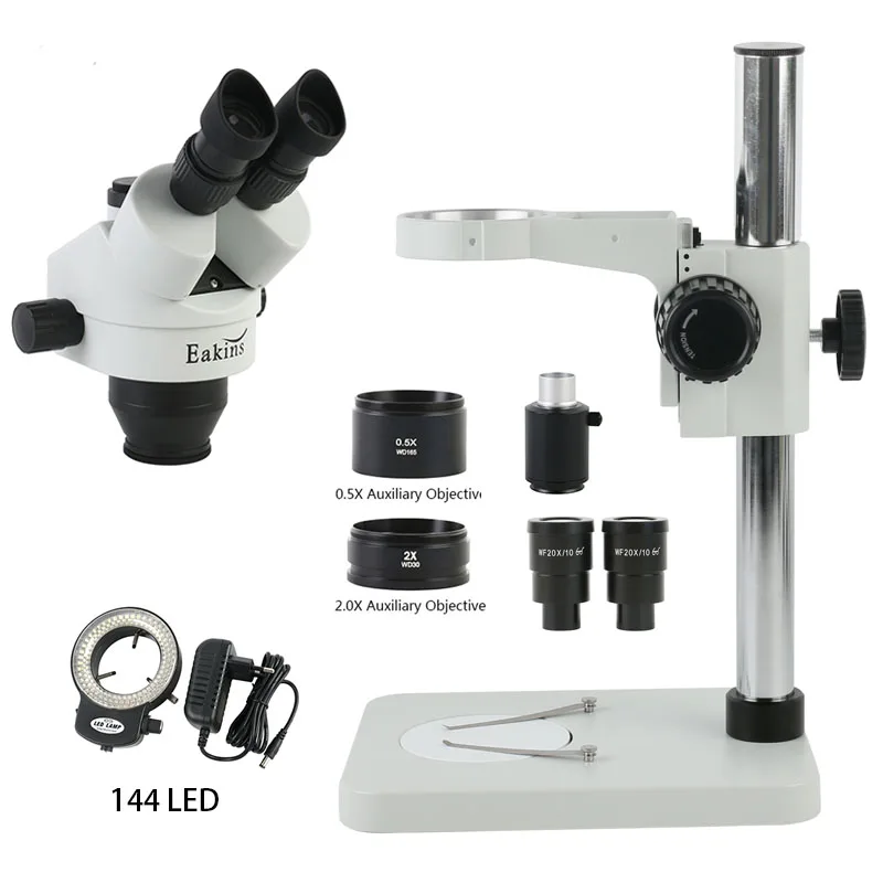 Microscope trinoculaire stéréo à focale simulée 3,5x -180x, avec support de Microscope, anneau lumineux 144 LED, lentille d'objectif 0,5x2,0x