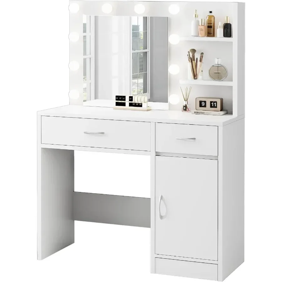 35.4 White Makeup Vanity Desk with 10 Hollywood Light Bulbs