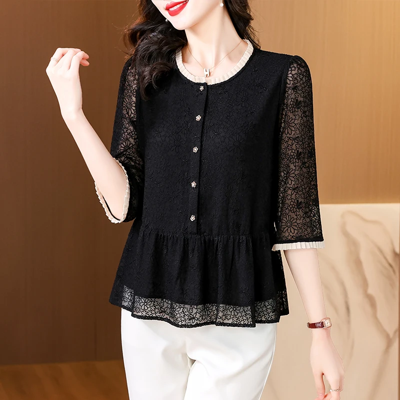 2024 Summer New O-neck Silk Short sleeved Shirt for Women\'s Middle aged High Grade Loose Large Size Lace Spliced T-shirt