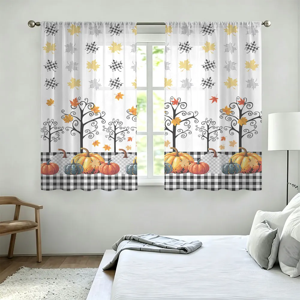 2pcs 90g rod-mounted curtains featuring a autumn-themed tree and pumpkin plaid pattern, ideal for home decoration