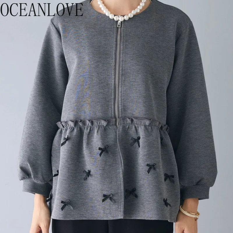 OCEANLOVE Bows Fake 2 Piece Women Hoodies Japanese Style Vintage Zipper Sweatshirts Autumn Winter Elegant Sudaderas Mujer