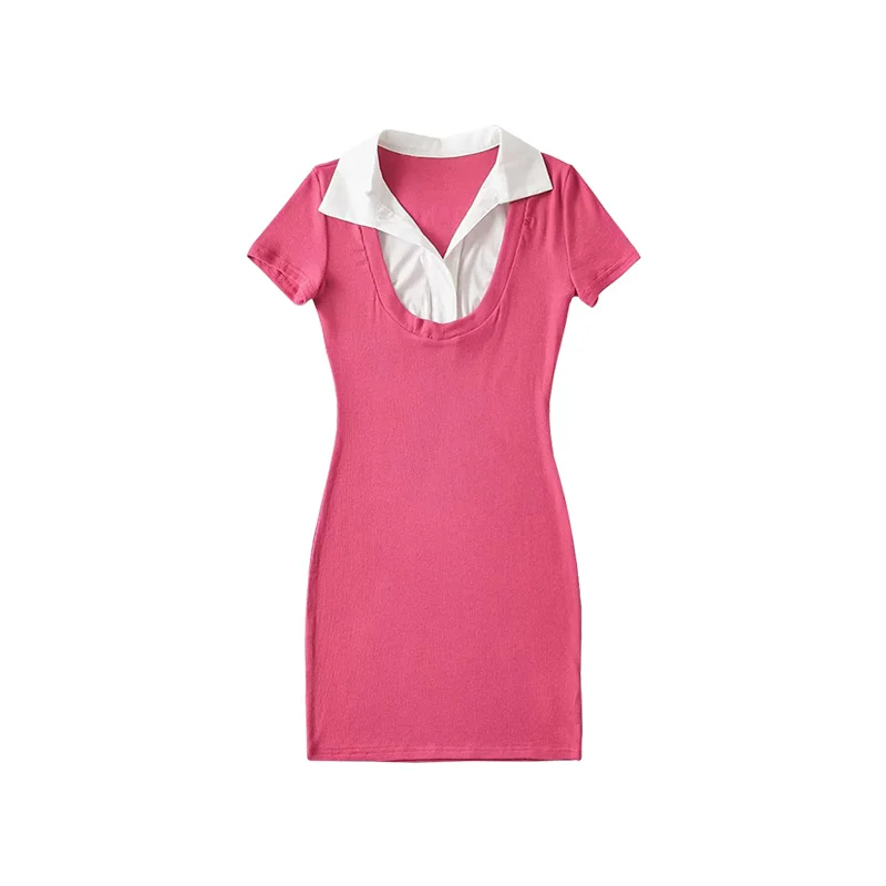 WOMENGAGA Sexy Slim Polo Collar contrasto falso due pezzi manica corta T Shirt Dress abiti corti moda estiva coreano S8AY