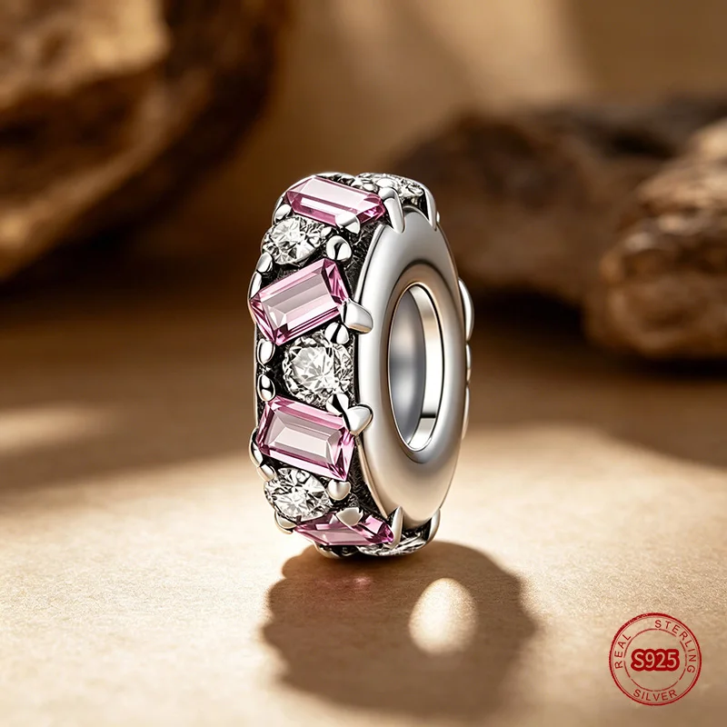 

Ahthen 925 Sterling Silver Beads Pink Square Zircon Rubber Clip Charm fit Snake Chain Bracelets or Necklaces Women Jewelry