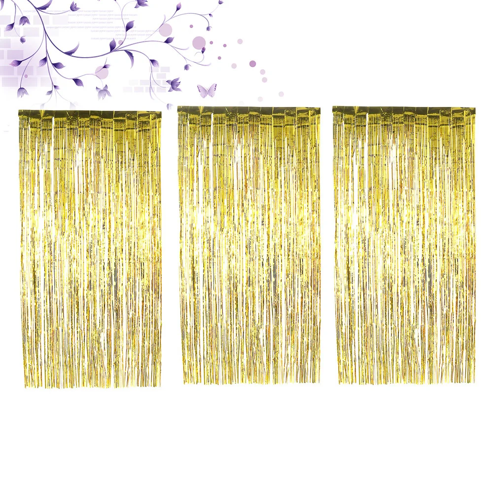 

3pcs Metallic Shiny Tinsel Fringe Curtain Decoration Foil Door Window Streamer Cover For Photo Backdrop Wedding