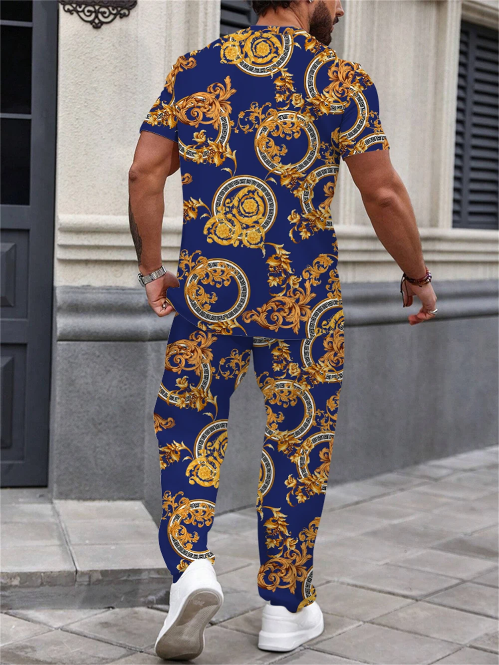 Baroque Style Men's Floral Crew-neck Short Sleeve And Pants 2 Hawaiian Suits Casual Button-up Floral Outdoor Sportwear Beachwear