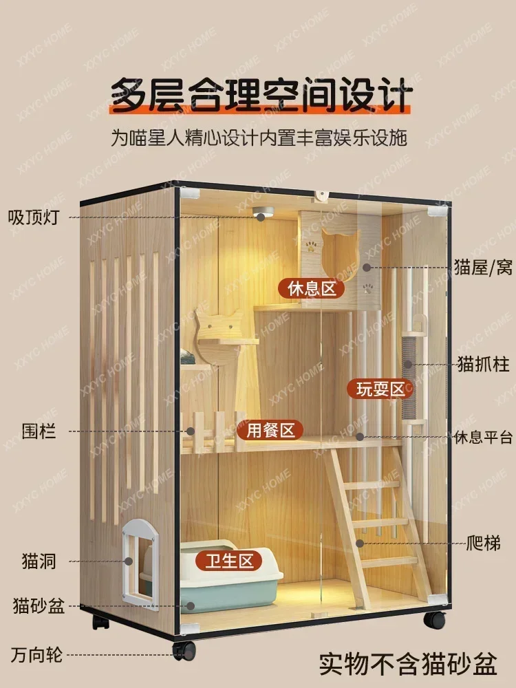 Double Layer Cattery Cat House Large Cat Nest Free Space Glass Cat Room   Cabinet   Cage