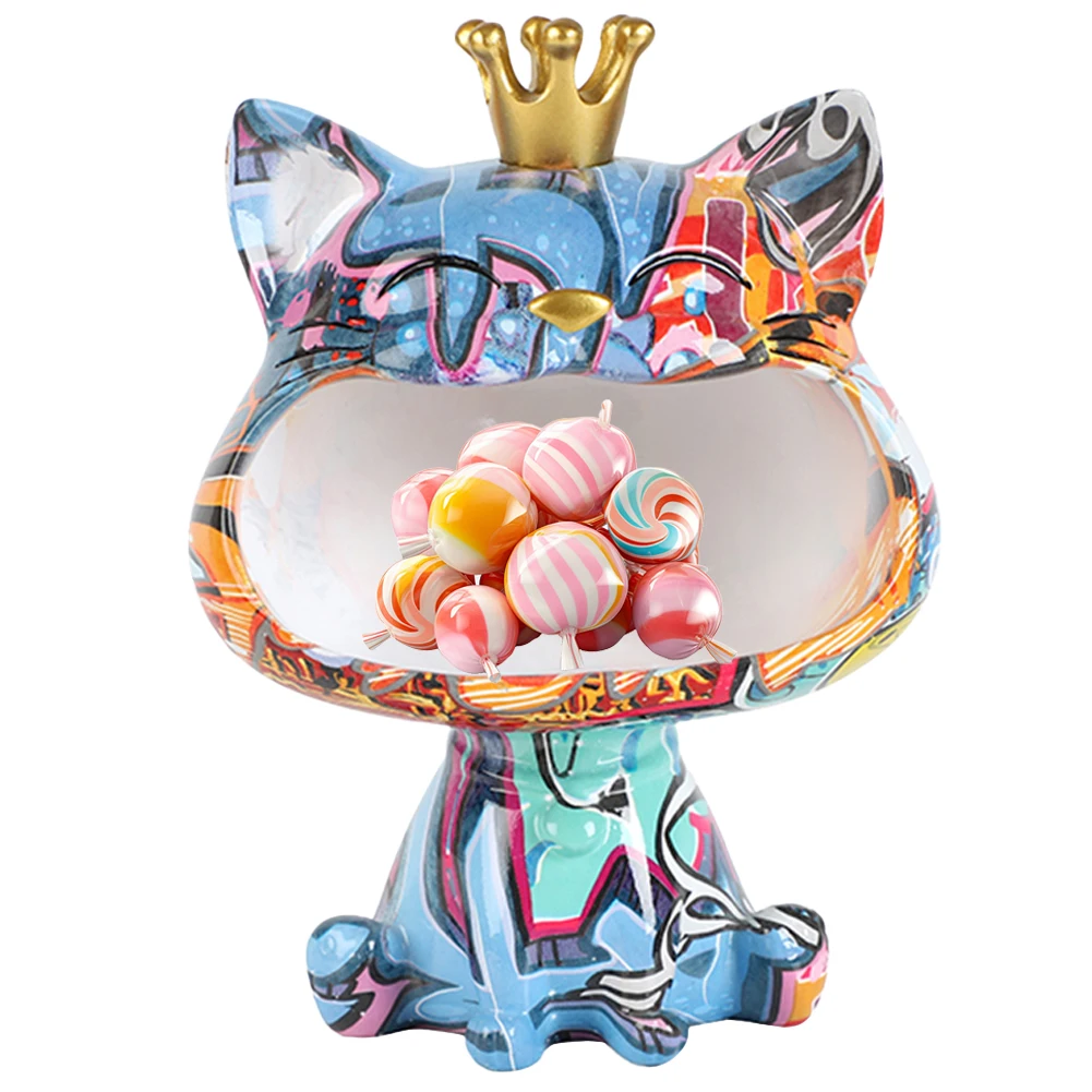 

Cat Figurine Storage Box Resin Crown Cat Statue Decoration Creative Laughing Cat Key Holder for Candy Keys Small Items