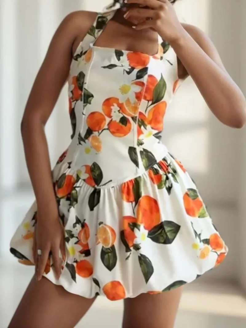 

Vacation Sleeveless Beach Halter Mini Dress for Women 2025 Spring New Fashion Backless Slim-fit Sweet Print Short Dress Vintage