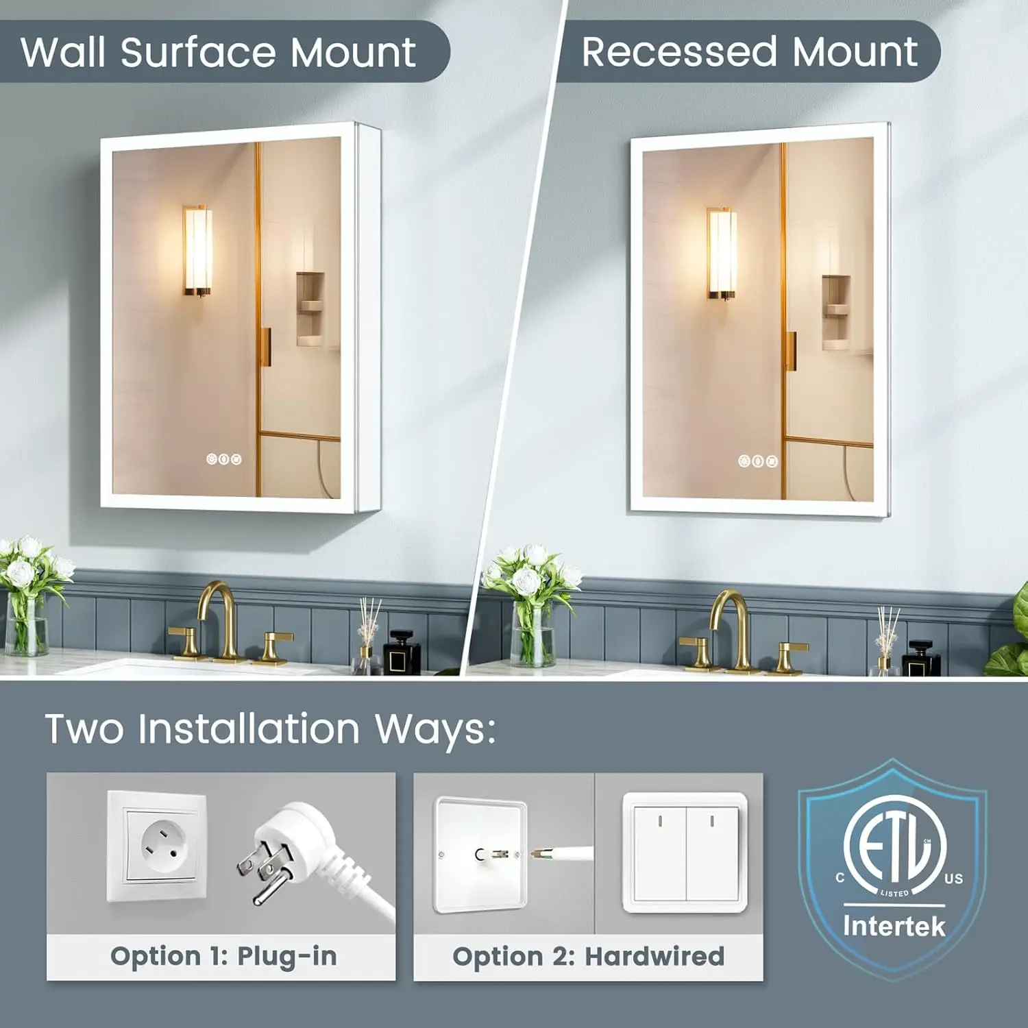 24X32 Inch Medicine Cabinet With Lights, Al Alloy Frame, Plug-In Or Hardwired, Recessed Or Wall Mount, Mirror Doors/3