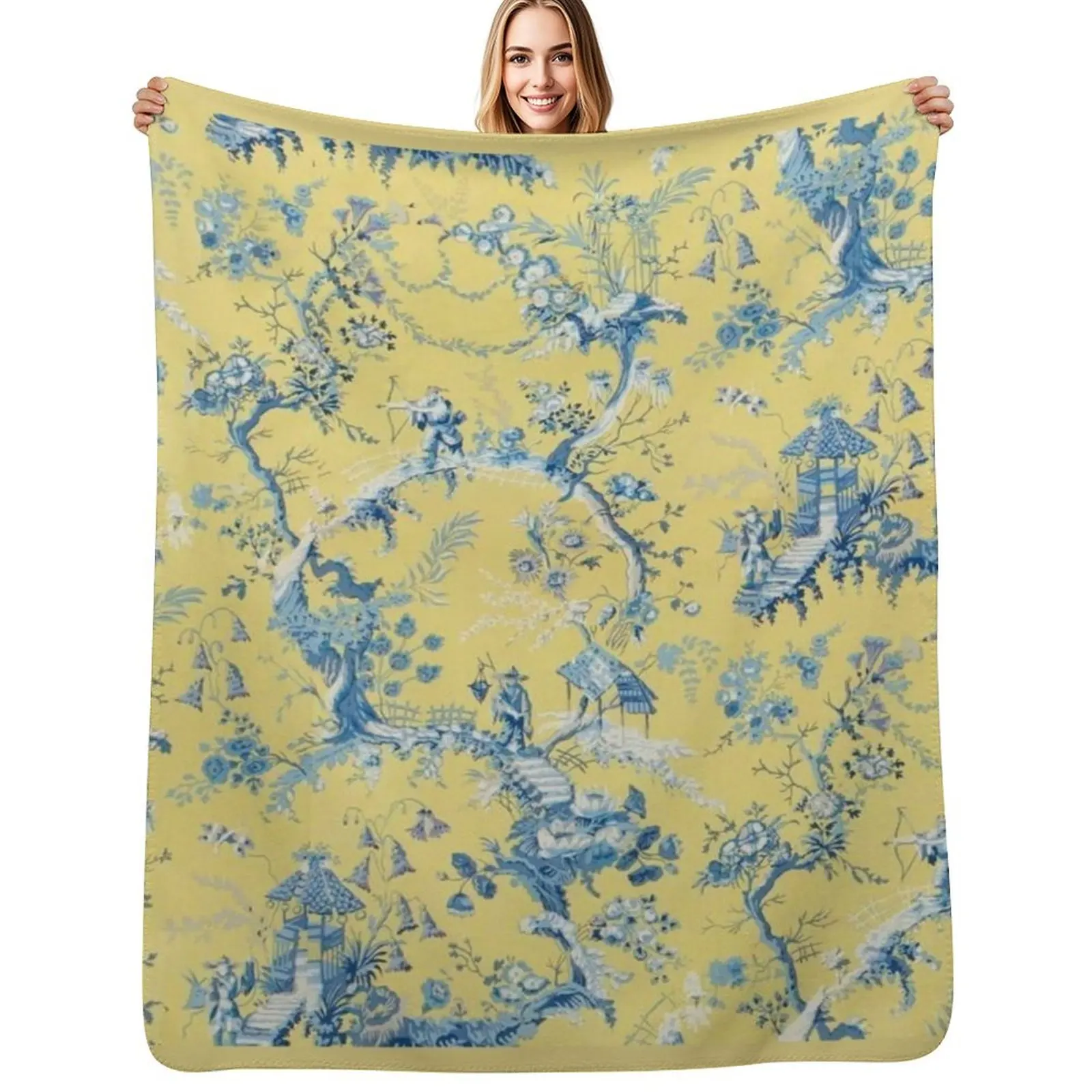 

Blue and Yellow Toile Throw Blanket valentine gift ideas Shaggy manga Sofa Throw Blankets