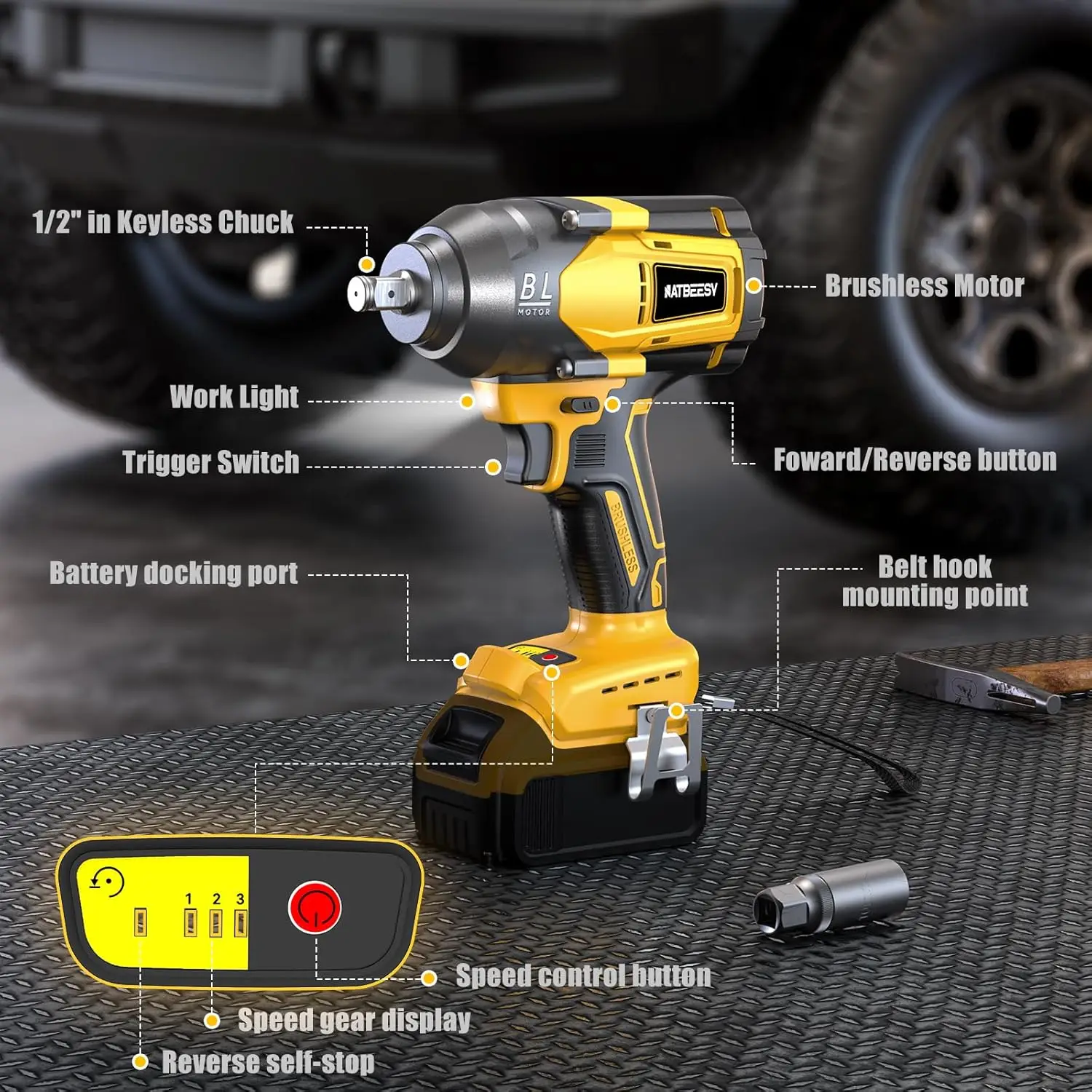 Impact Wrench for De-Walt 20V MAX Battery: 1/2 Inch Hog Ring Impact Driver High Torque - 600 Ft-lbs Cordless Impact Gun - Brushl