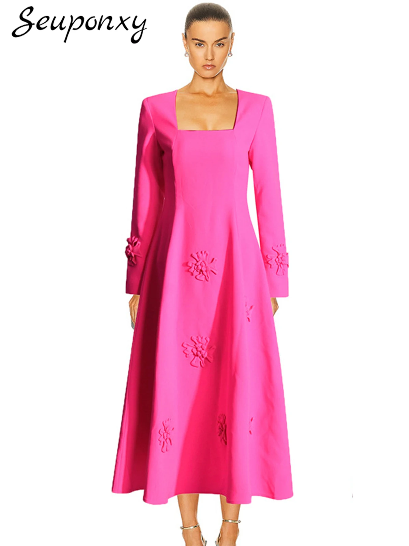 

High Quality Women'S Midi Dress 2024 New Women'S Sexy Square Neck Long Sleeved 3D Flower Elegant Celebrity Party Dress Vestidos