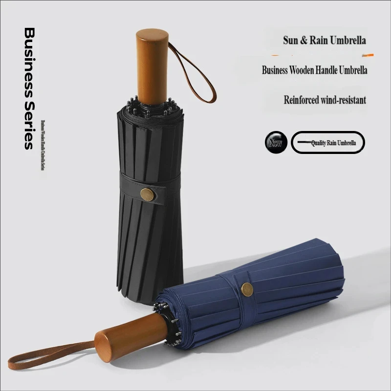 

16-Rib Manual Folding Umbrella with Wooden Handle, Reinforced Thickened Windproof Sun & Rain Umbrella for Men