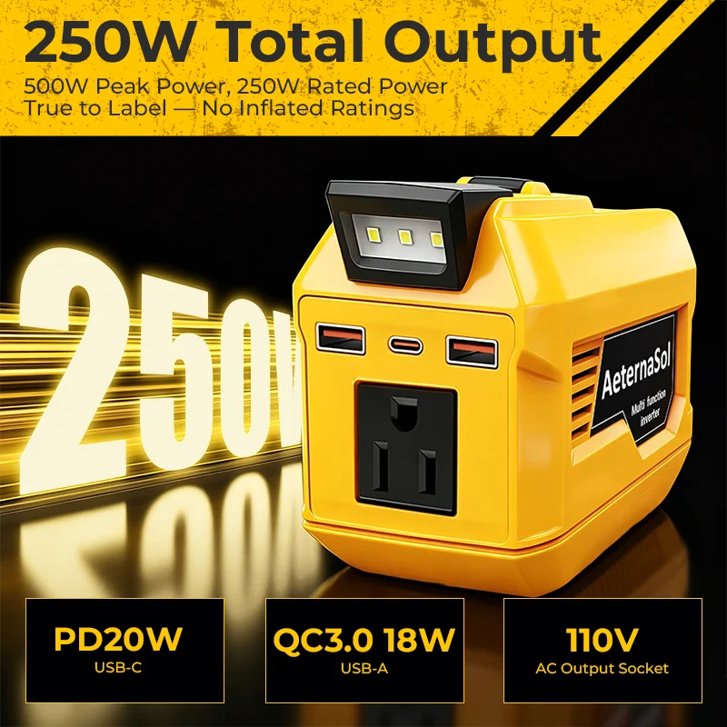 (US Stock 2-5 Days) AeternaSol 250W Power Inverter For 18V DeWalt 20V MAX Battery Portable Power Station 110V AC 500W Peak Surge QC3.0 USB 20W PD 20W Type-C LED Work Light Camping Outdoor Night Fishing Job Site Hunting Blind Emergency Backup