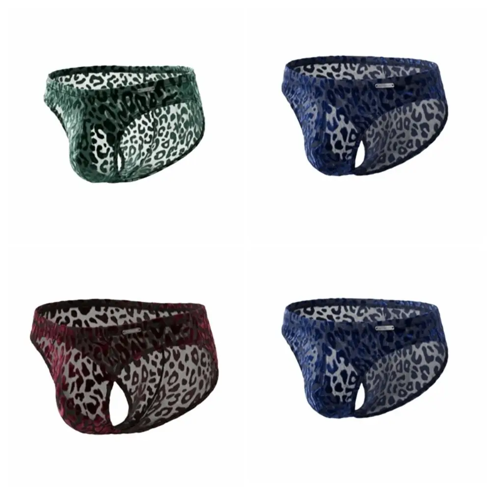 Quick Dry Ice Silk Men Briefs Mesh Lingerie Sheer Underwear Transparent Convex Pouch Leopard Print Panties Men view 6