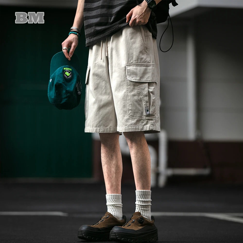 ‌Men Summer Cargo Shorts Cotton Casual Streetwear Japanese Style Loose Fit Multi Pocket Beige High Quality Trendy Oversized‌