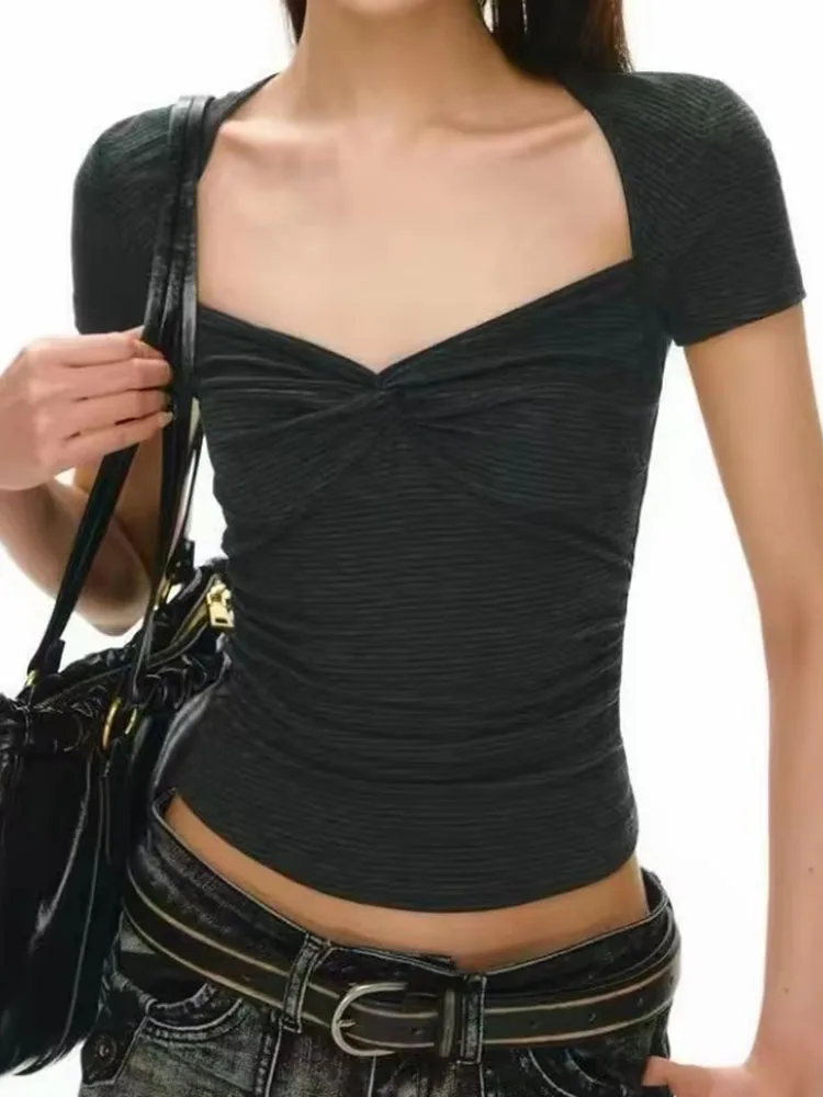 Retro Striped Twisted Short Sleeve T Shirt Women Summer Sexy Slim Fit Crop Top New Simple Y2k Aesthetic Spicy Girl Tees