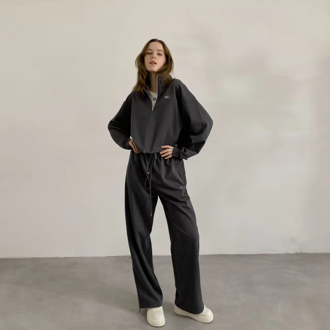 American Style Half Zipper Stand Collar Jacket Women's Sportswear Yoga Clothes Spring Summer Running Set Cotton Long Sleeve