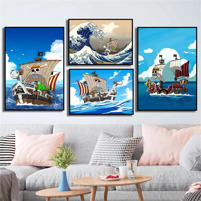 Anime One Piece Prints Luffy Picture Going Merry Travel on Ocean Poster Wall Art Decor Room Home Bandai No Frame Canvas Painting