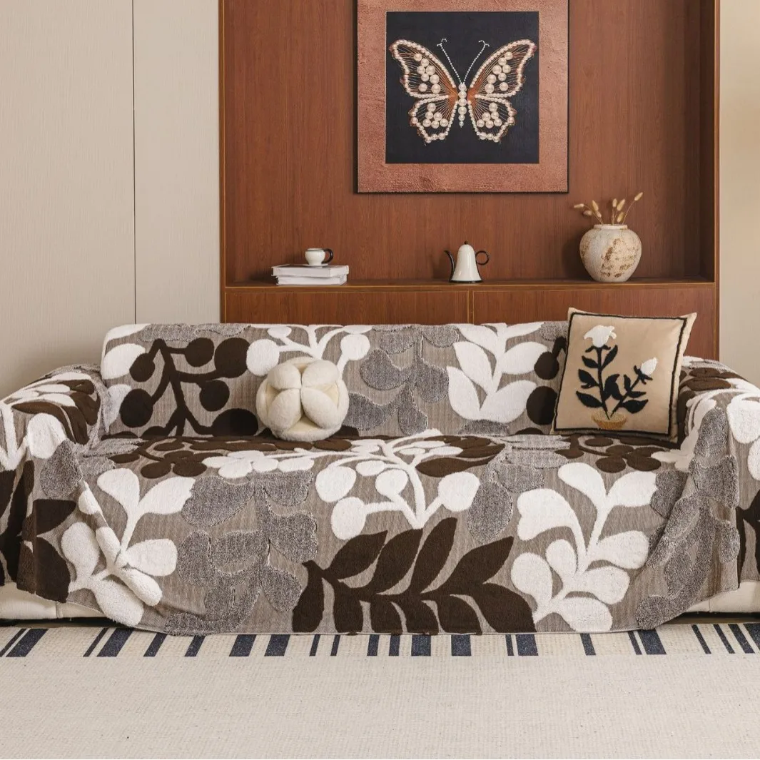 Chenille Sofa Throw Blanket Plush Jacquard All Season Two-Tone Tassel Couch Slipcover Dense Wear-Resistant Decor