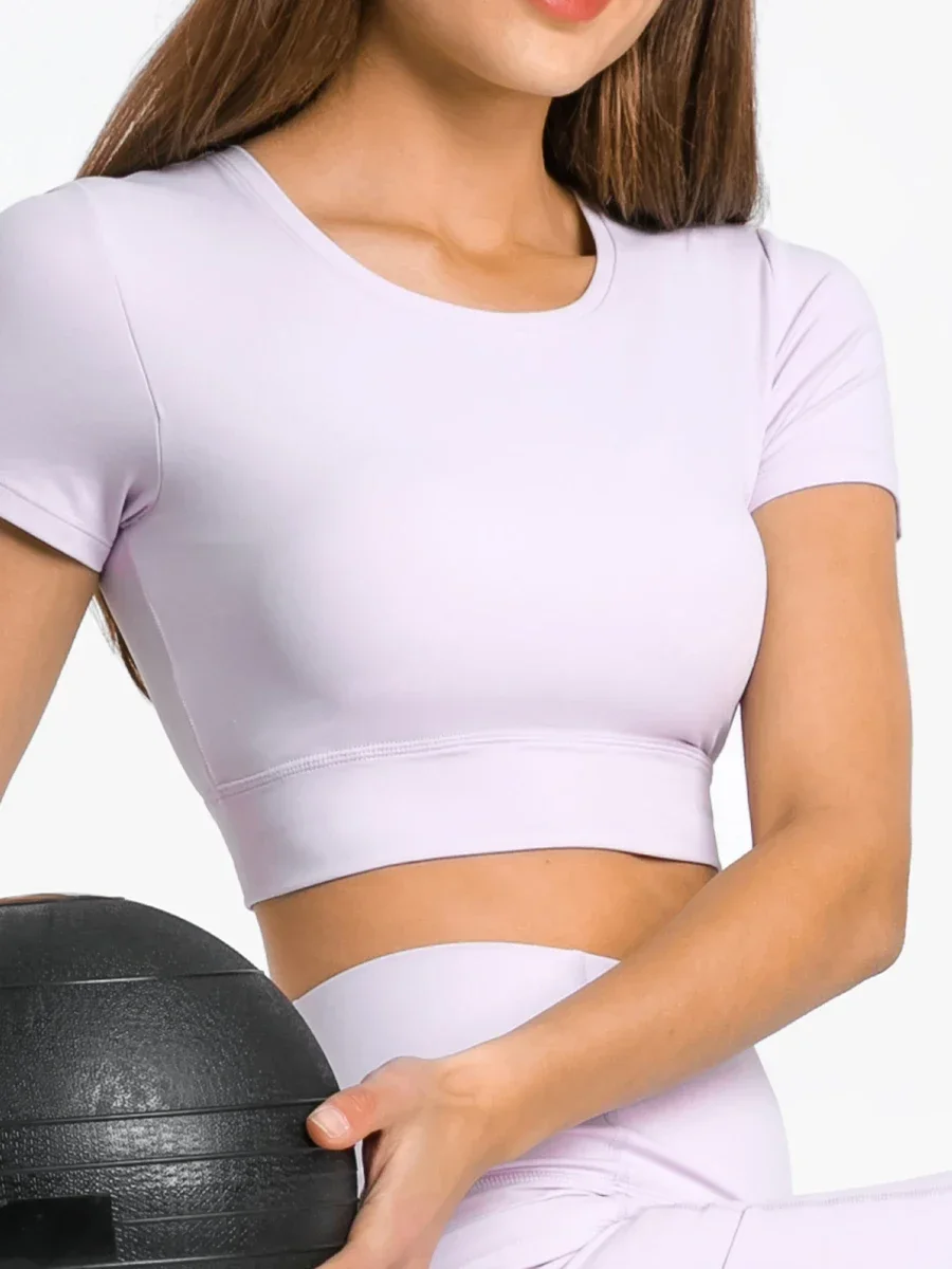 Nepoagym GALAXY Crop Women's Tops with Built In Bra Short Sleeve Brushed Tops crew neck Slim Fit Sport Shirts