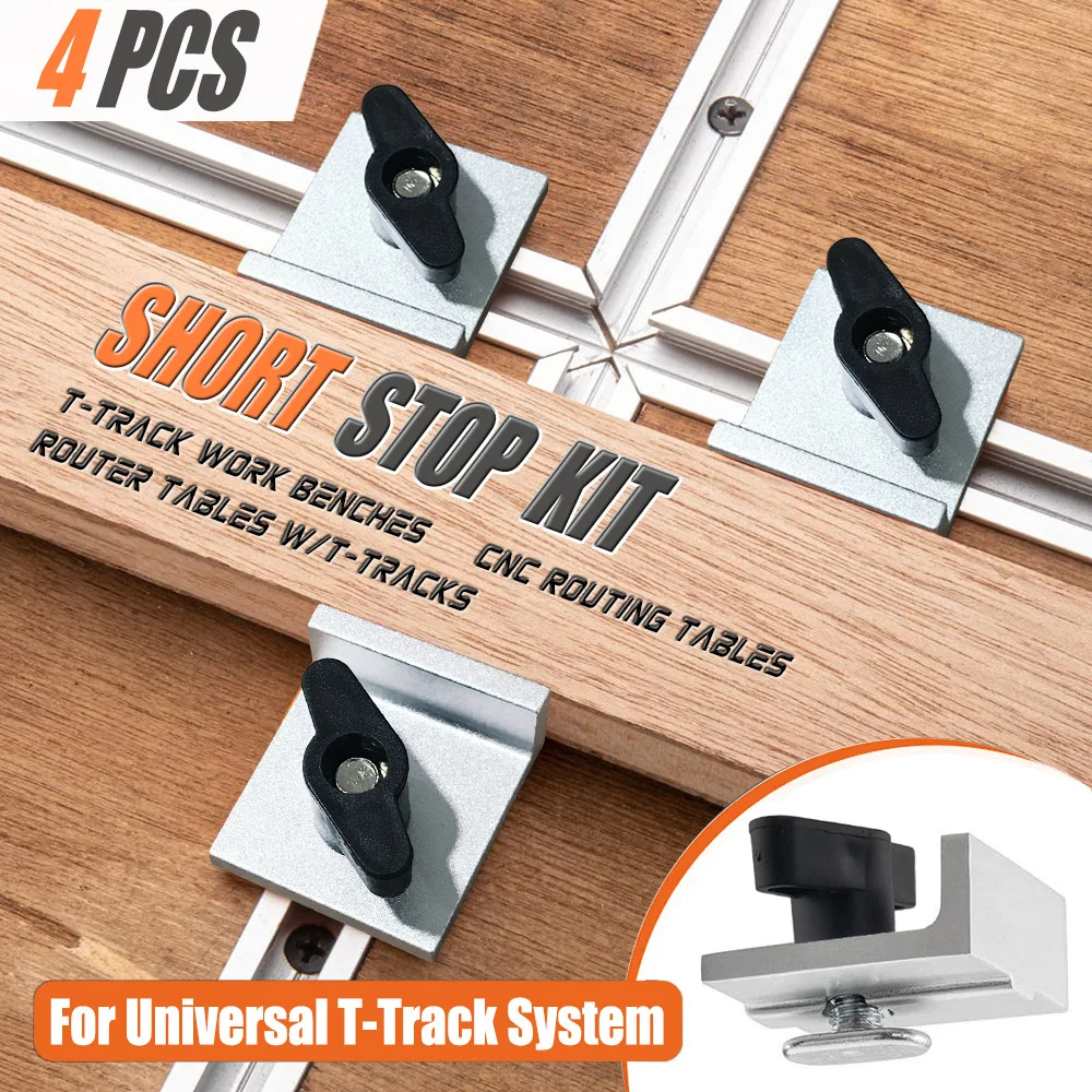 4 Pcs T-slot Rail Limit Block Set Silver Short Stop Kit with Knobs Woodworking Sanding and Routing
