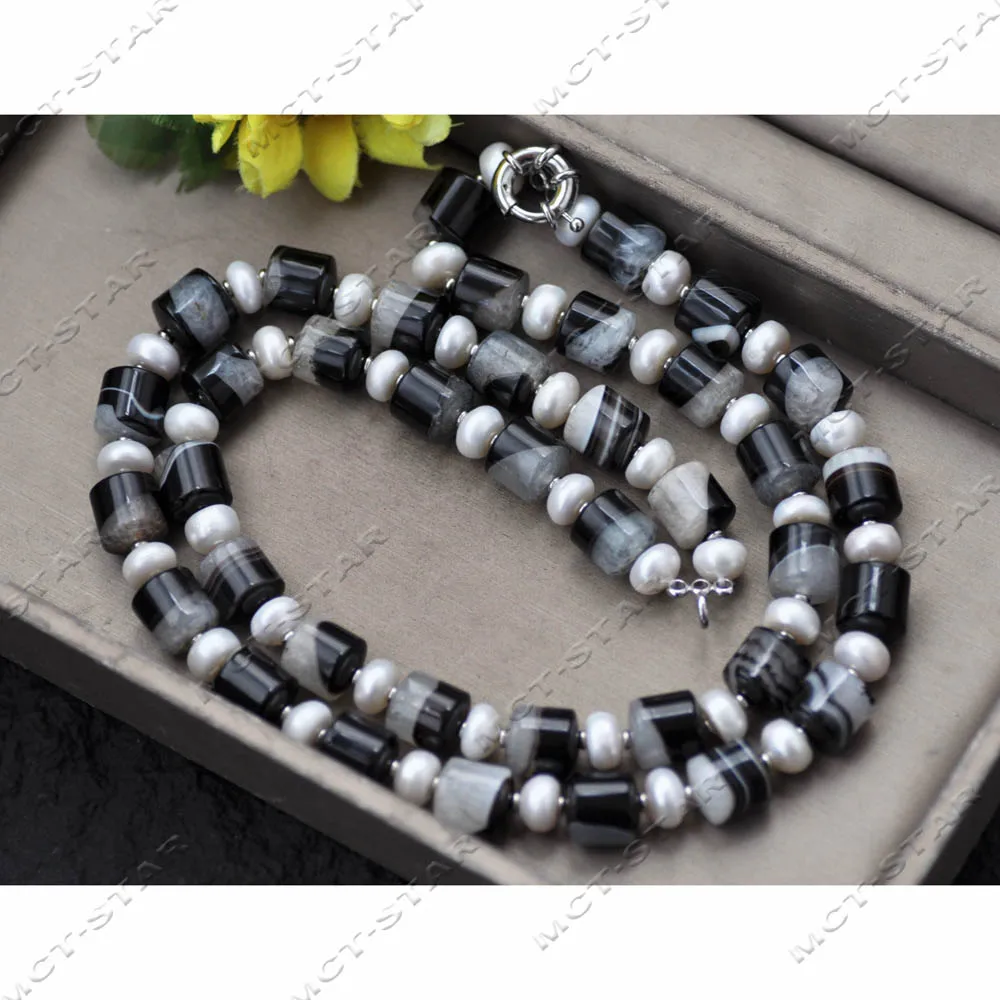 MTC·STAR 2Row 100% Natural 19" 14mm White Black Cylinder Crystal Agate Symbiote White Rondelle Pearl Necklace (Z14182)