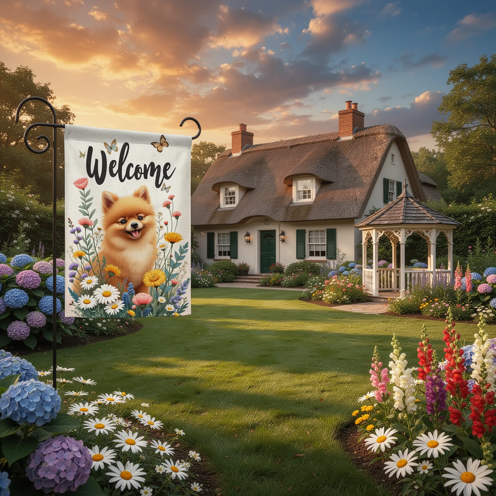 Pomeranian Yard Flag Furry Pet Motif Spring Yard Flag Butterfly Welcome Garden Flag Vivid Graphic Puppy Yard Banner For Home Pet