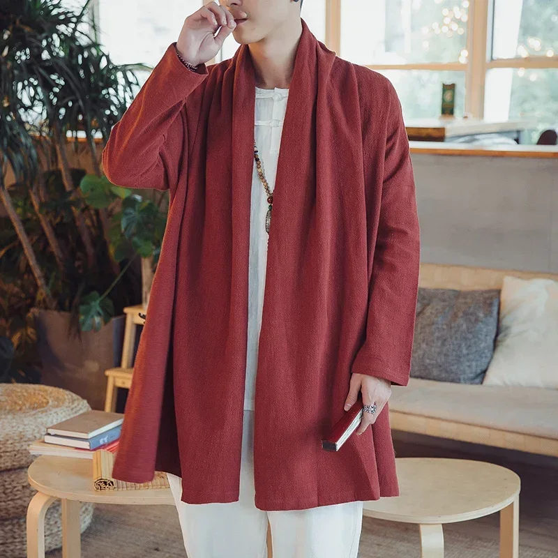 Chinese Tang Suit Ancient Style Hanfu Men\'S Clothing Cotton Linen Cloak Coat Retro Zen Clothing Taoist Robe Gown