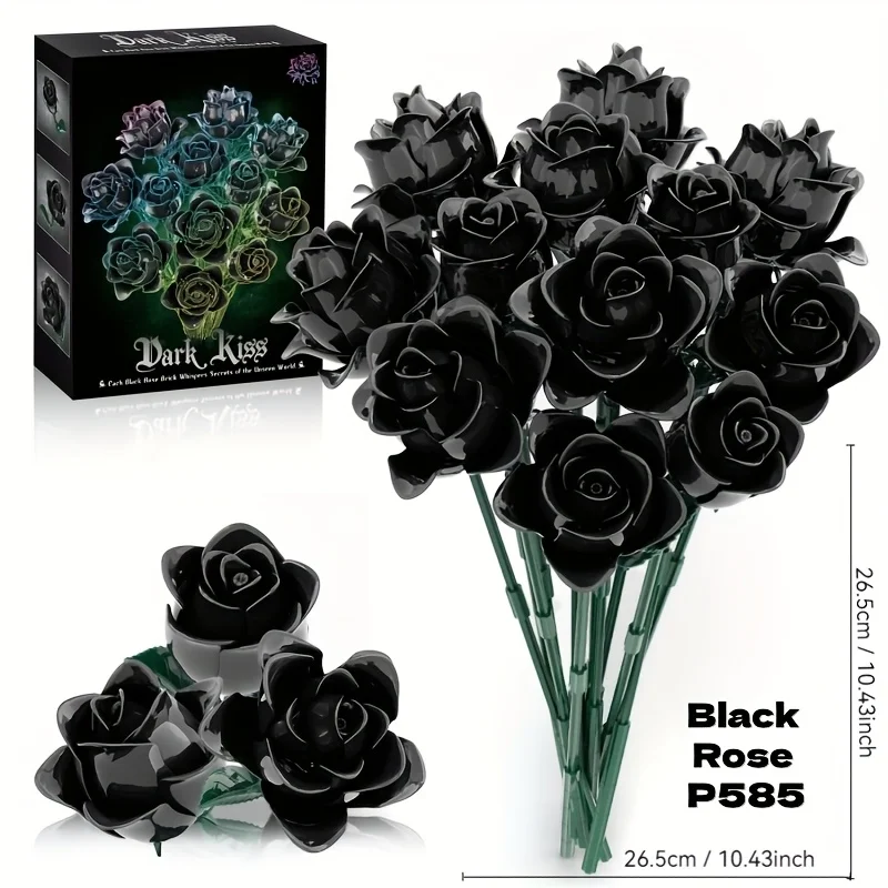 

585PCS Black Rose Bouquet Building Blocks Set Gothic Artificial Flower Home Decor Bricks Kids Educational Toys Holiday Gifts