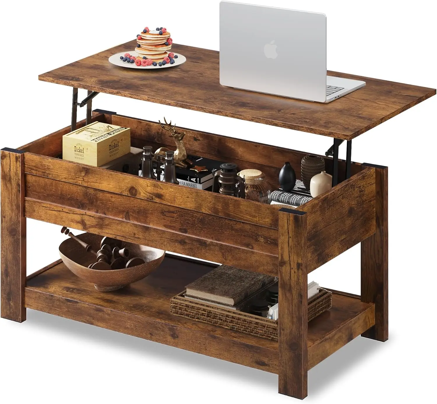 

Журнальный столик, журнальный столик с подъемным верхом 39 дюймов со скрытым отделением и полкой для хранения для гостиной, коричневый в деревенском стиле