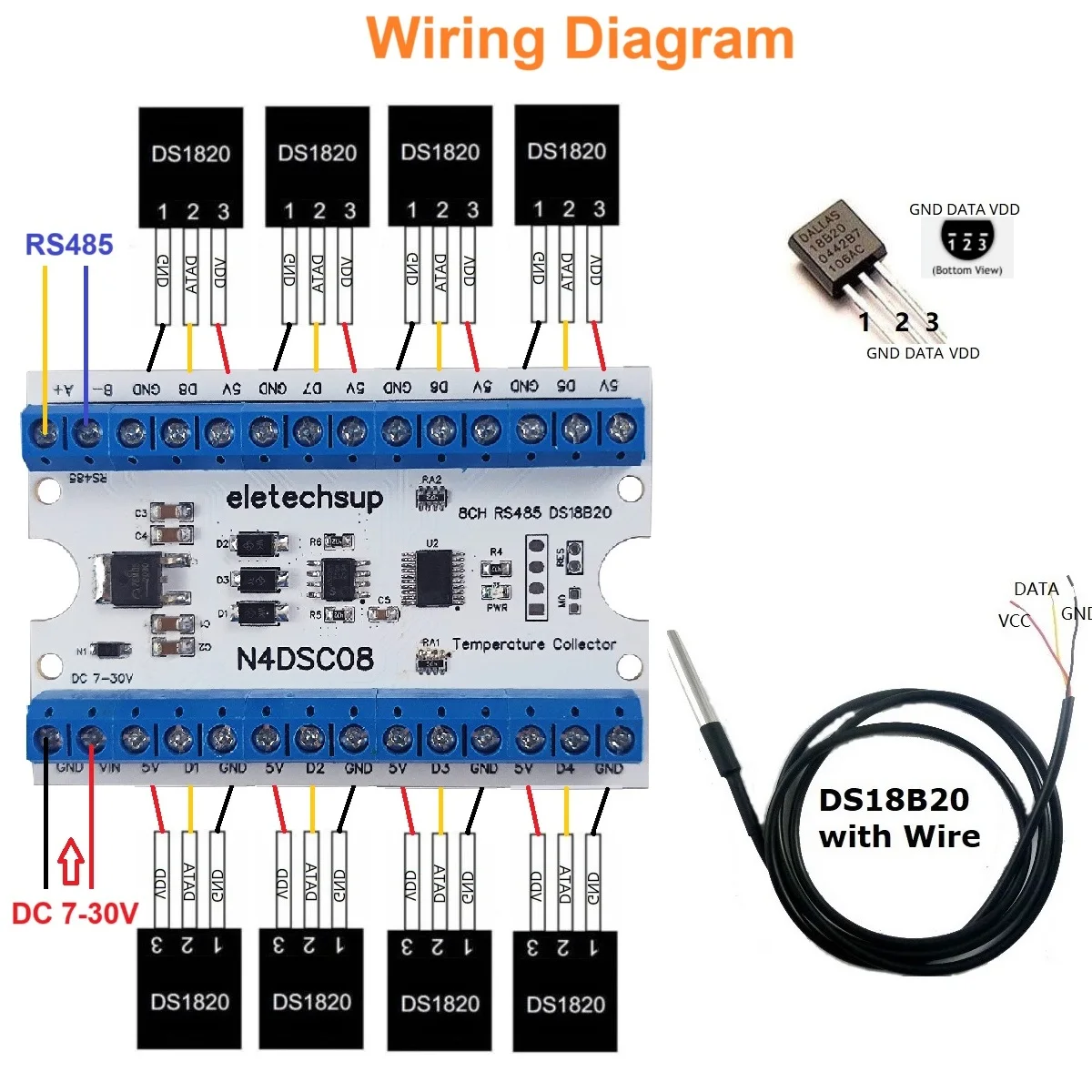 N4DSC08 8CH DS18B20 مستشعر درجة الحرارة جامع Modbus RTU RS485 وحدة تتالي إلى 247 وحدة للتحكم في ترموستات PLC