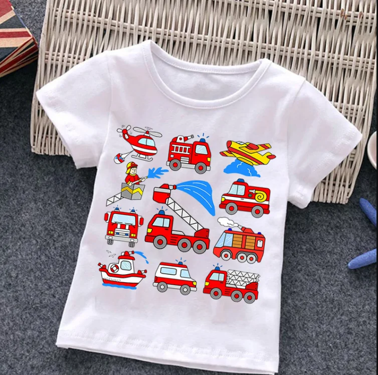 T-shirt à manches courtes imprimé camion de pompiers pour enfants, haut de dessin animé Harajuku pour fille et garçon, t-shirt d\'été, nouveau