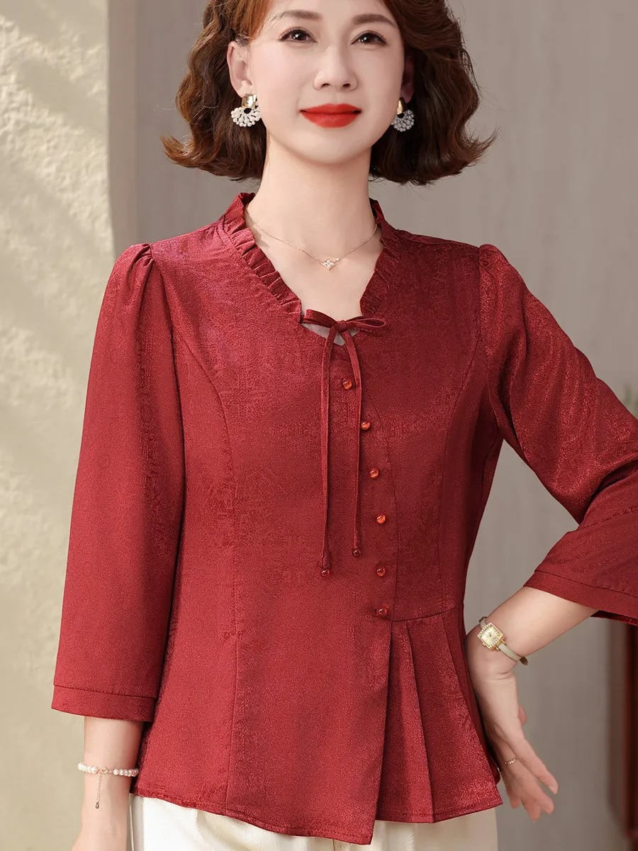 

Fashionable Mom Summer Shirt Three Quarter Sleeve Wedding Banquet Dress Light Breathable Standard Fit V Neck Single Piece Lad...