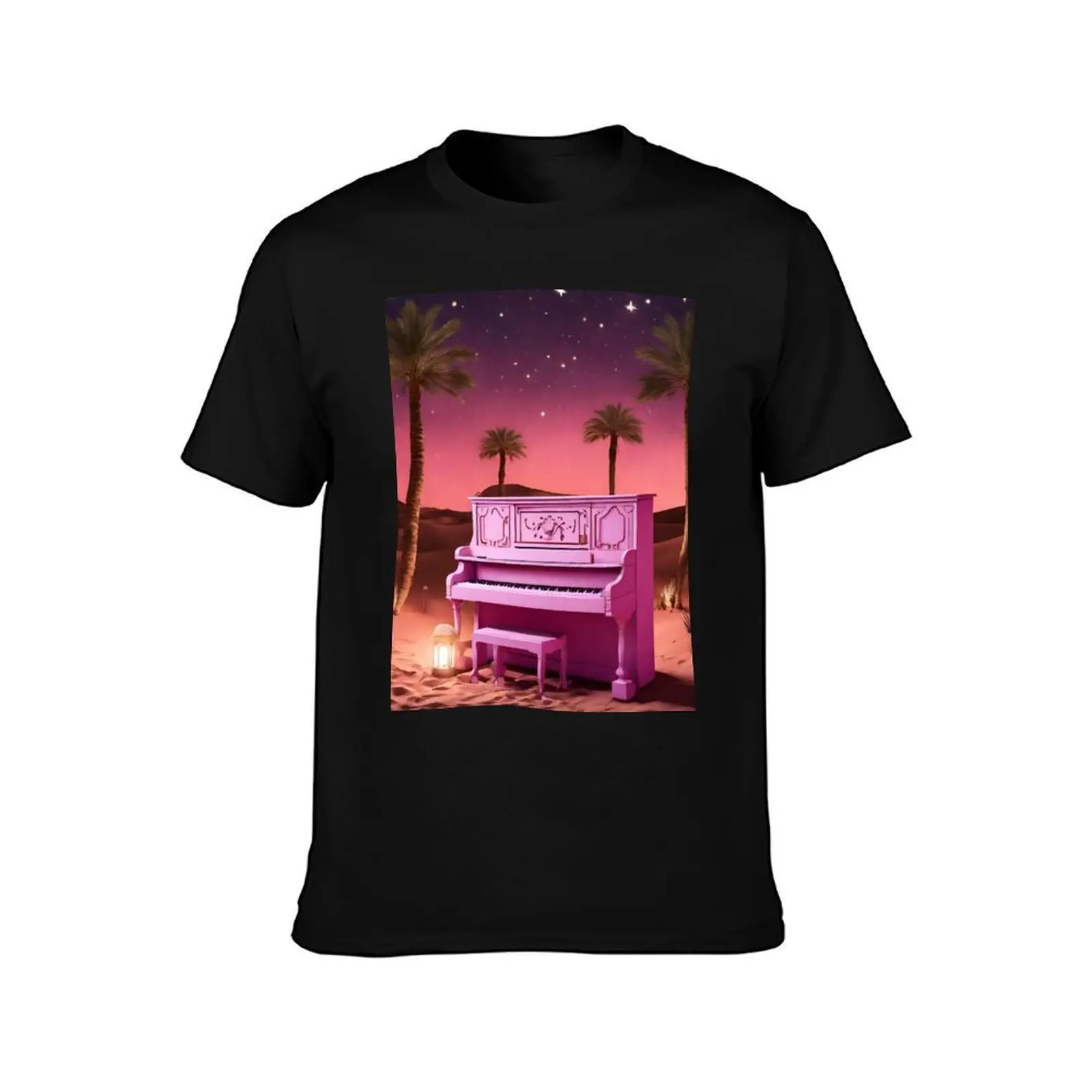 Piano in the Egyptian desert with Pyramids, jungles, lanterns, ancient Rome Men T Shirt funny t shirts dark humor