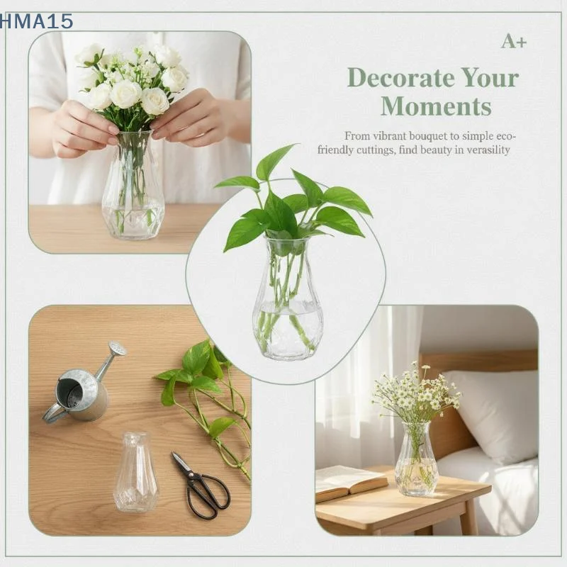 【YA】Clear Glass Flower Vase Eco-Friendly Handmade Elegant Style for Home Table Decoration Bridal Shower Centerpiece Gift