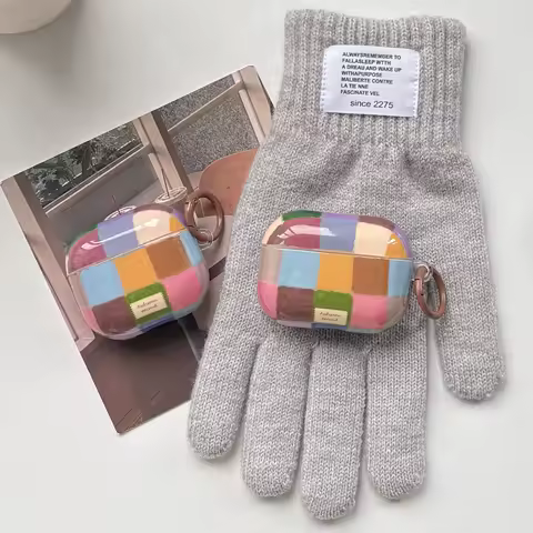 Retro Fashion Colorful Grid Plaid Pattern Protective Earphone Case with Brown Ring Suitable for AirPods 1 2 3 4 Pro Pro2 Pro3