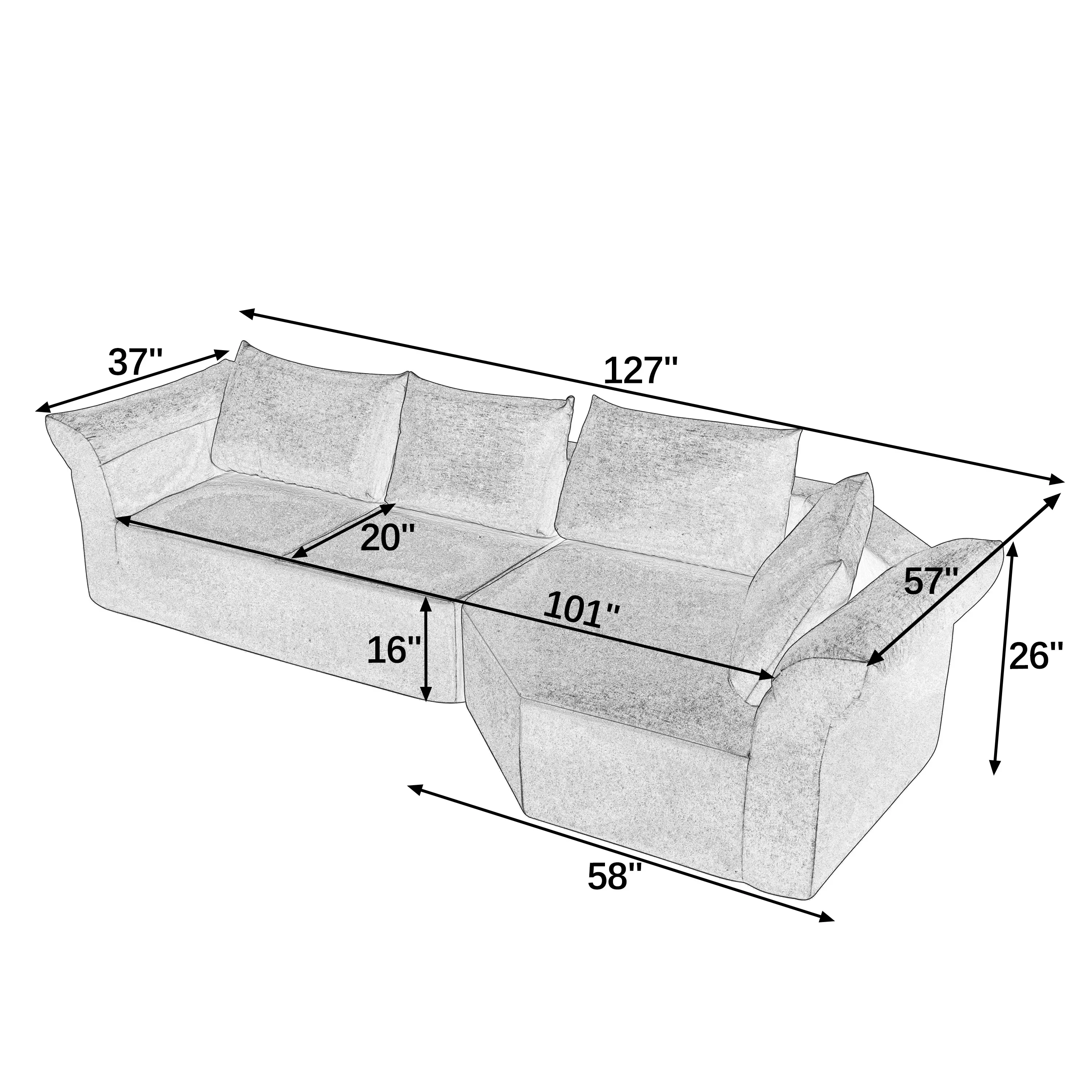 L Shaped Modular Corner Sofa Compressible Sectional Couch with Wide Armrests Removable Back Cushions Low Profile Integrated Base Easy Assembly for Living Room Home